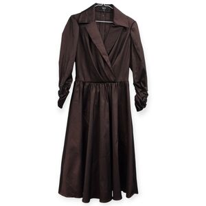 Vintage Tadashi Shoji Plunging V-neck Ruched Taffeta Gown Brown